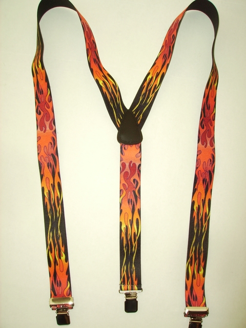 RED FLAMES 1 1/2" "Y" Style. All Straps are stretchable Cotton/Polyester Hand Washable-Hang to Dry Material with Real Leather Patch, 3 Strong 1" x 1" High Polished NICKEL GRIPS and Two Secure NICKEL Adjusters. Made in USA. Fits 4' 8" to 6' 2" Average Build. Y-UB420N48FLRD